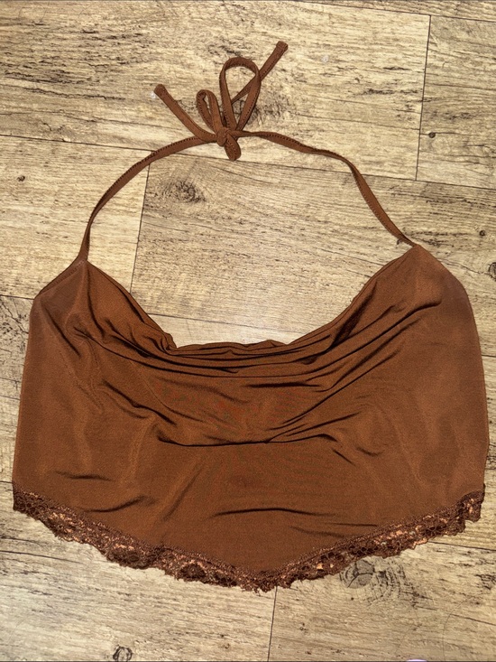 Forever 21 Tops - Forever 21 Brown Cowl Halter Lace-Trim Crop Camisole
